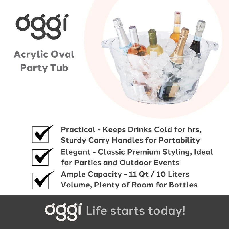 OGGI Acrylic Oval Party Tub - Clear Beverage Cooler w/Handles, Wine Cooler, Beer Chiller, Ideal Party Tubs for Drinks, Use Ice Tub for Indoor or Outdoor Bars, 18.5" x 11"