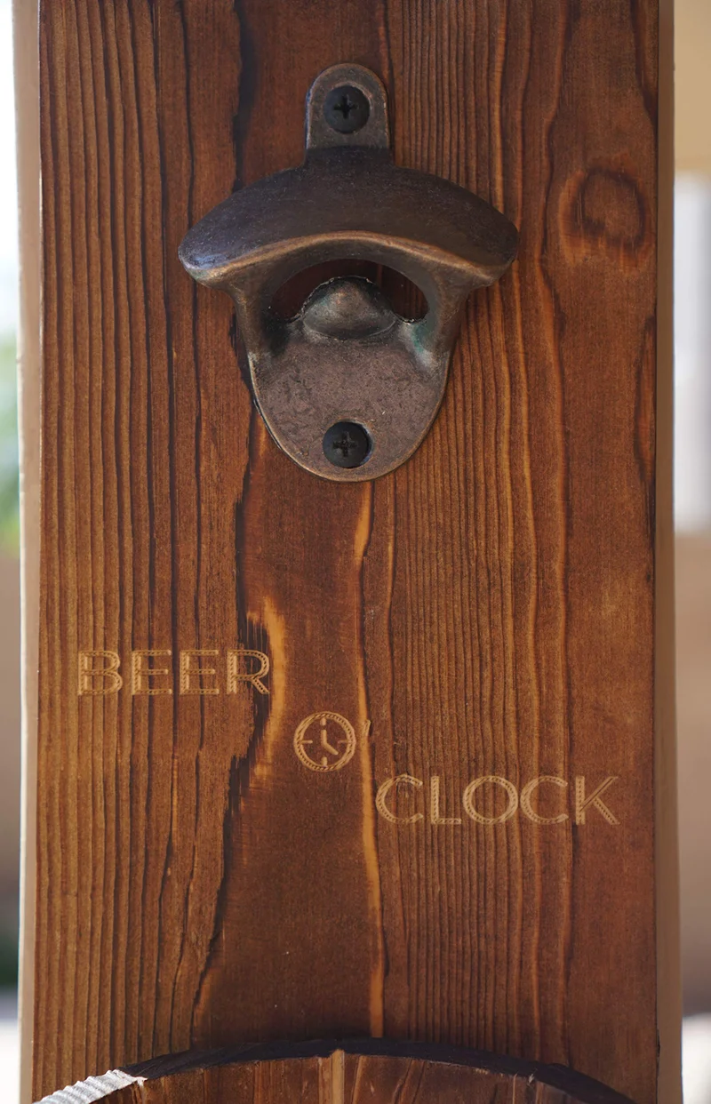 Thirsty Solutions - “Beer O’ Clock” Rustic Wall Mounted Bottle Opener and Catcher - Dark Stain Pine with Zinc Alloy Opener - Removable Wooden Bucket - Man (or Woman) Cave Ready