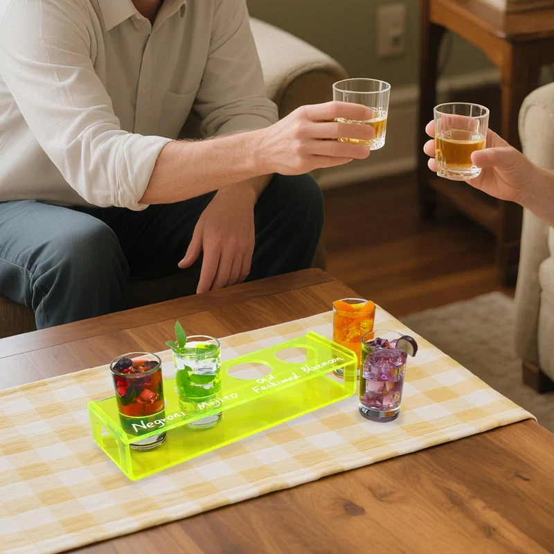 Acrylic Drink Flight Boards with Glasses - Neongreen Drink Flight Tray Set - Cocktail and Mimosa Tasting Tray - Writable Beer Flight Boards for Hosting Essentials Bartender Accessories