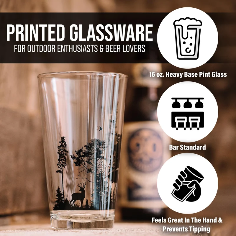 Black Lantern Nature Themed Pint Glasses Set of 2 – Pint Glasses in Unique Designs for Craft Beer Enthusiasts - (Set of Two 16oz. Glasses) - Beer Glasses for Nature Lovers (Forest & Clouds)