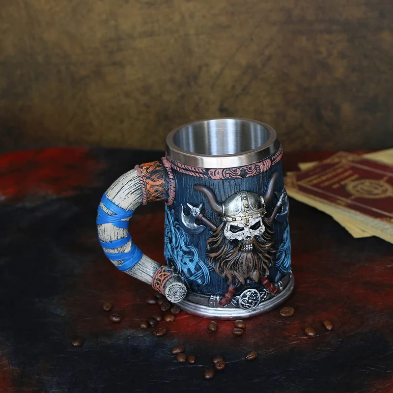 OTARTU Valhalla Viking Stainless Steel Single Handle Horn Skull Beer Stein Cup, Nordic Viking Warrior Skull Mug Tankard 17oz, Halloween Bar Drinkware Men’s Gift