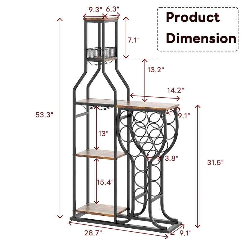HavenlyYouth Liquor Cabinet for Home Bar, 5-Tier Wine Rack Freestanding Floor with Wine Glass Holder, Mini Bar Stand with 11 Wine Bottles, Bar Table with Storage for Living Room, Kitchen