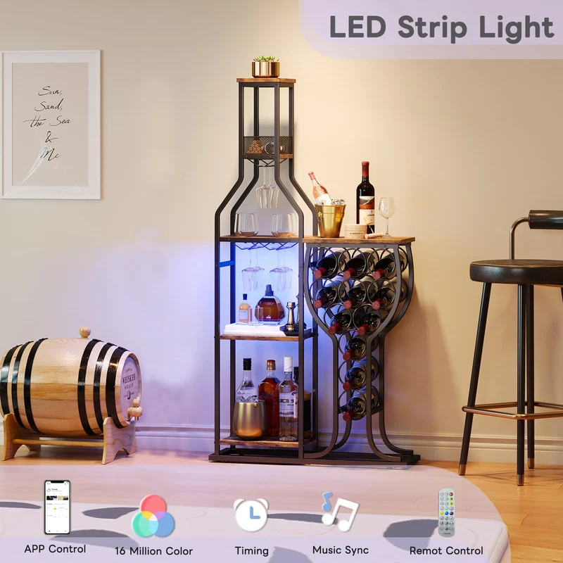 HavenlyYouth Liquor Cabinet for Home Bar, 5-Tier Wine Rack Freestanding Floor with Wine Glass Holder, Mini Bar Stand with 11 Wine Bottles, Bar Table with Storage for Living Room, Kitchen