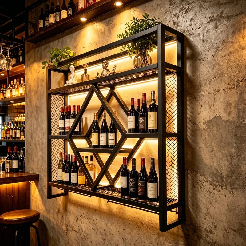 Wall Mounted Wine Rack with LED Light, 39.4in Industrial Metal Wine Bottle Display Shelf with Wine Glass Holder,Large 3 Tier Floating Bar Shelves, Wall Bar Decor for Home Bar Kitchen Dining Room