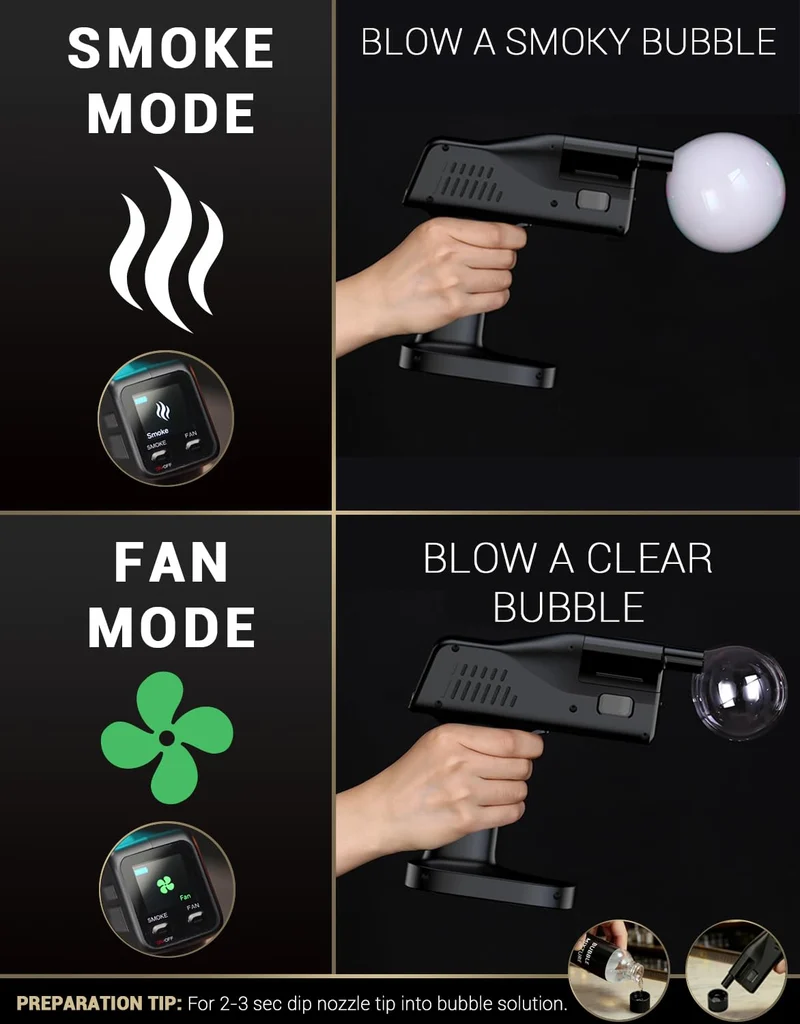 Cocktail Bubble Smoke Gun - Adds Flavor & Visual Effect to Drinks & Food, Dual Modes, Color Display, Rechargeable 5000mAh, Ideal for Home, Bars, Parties & Gifts