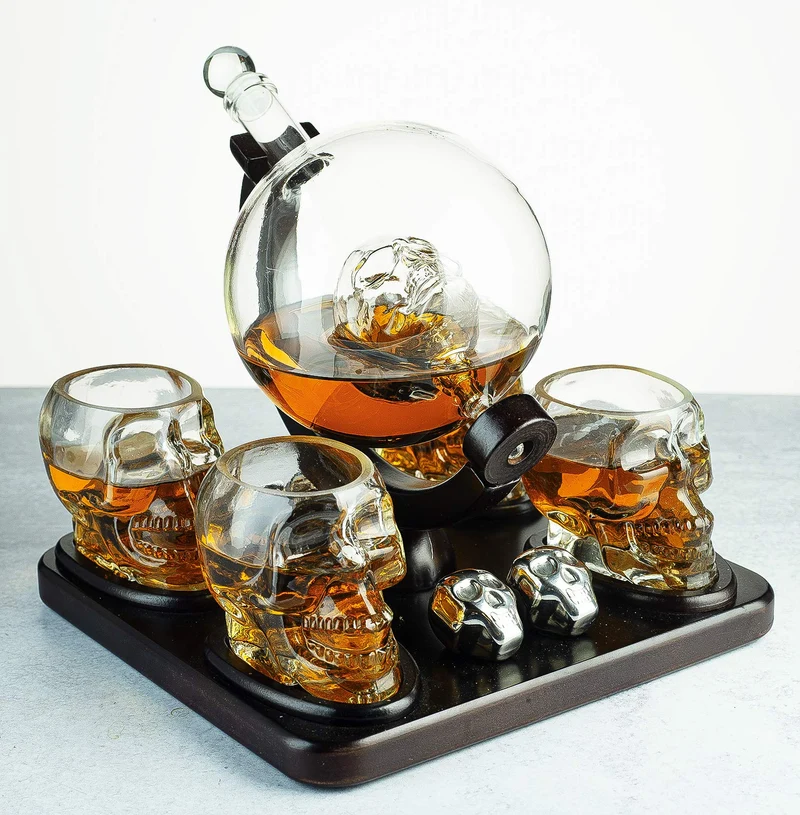 Skull Skeleton Wine & Whiskey Globe Decanter Set 850mL | Gothic Barware Gift Set with 4 Skull Head Shot Glasses 3oz & Skull Chillers on Wooden Base | Spooky Halloween Skeleton Drinkware