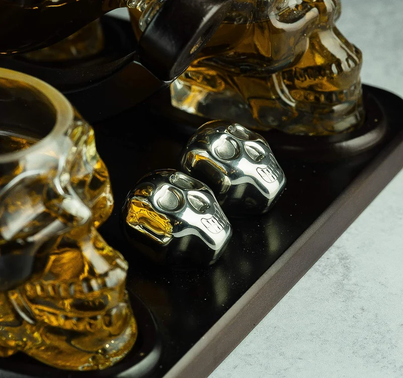 Skull Skeleton Wine & Whiskey Globe Decanter Set 850mL | Gothic Barware Gift Set with 4 Skull Head Shot Glasses 3oz & Skull Chillers on Wooden Base | Spooky Halloween Skeleton Drinkware