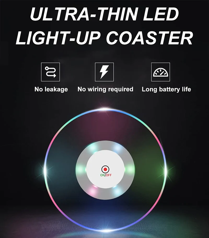 10 PCS Colorful LED Coasters for Drinks, Ultra-Thin LED Luminous Coaster Cocktail Coaster, Non-Slip & Waterproof Transparent Bar Beer Beverage Coasters w/ 10 PCS Extra Batteries for Club Party Wedding