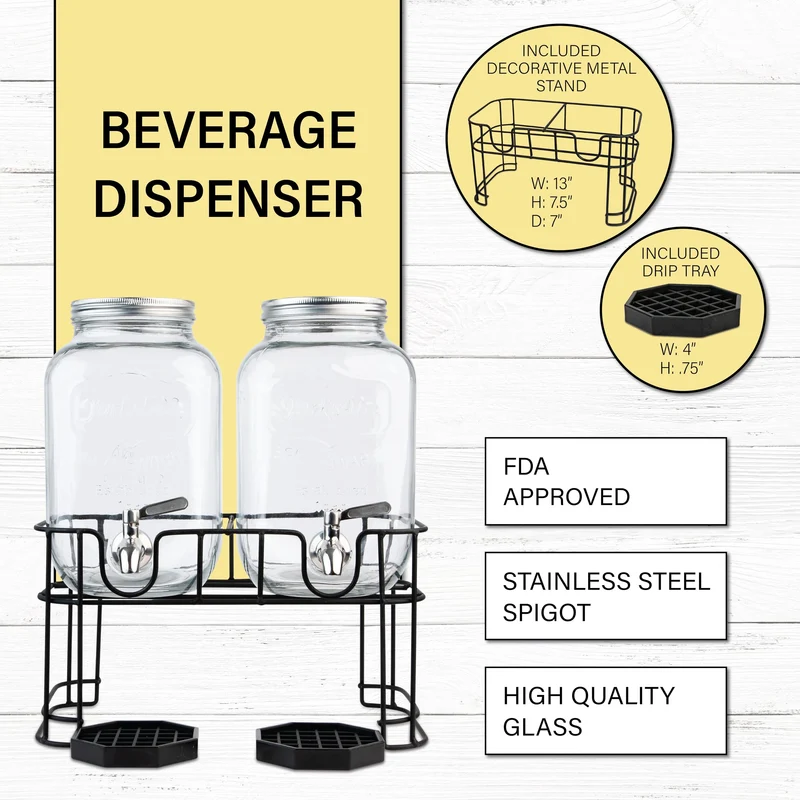 Kitchentoolz Dual Gallon Glass Beverage Dispensers with Fruit Infuser & Ice Insert – Stainless Steel Spigots, Metal Stand, and Drip Trays for Cold Drinks & Flavored Water