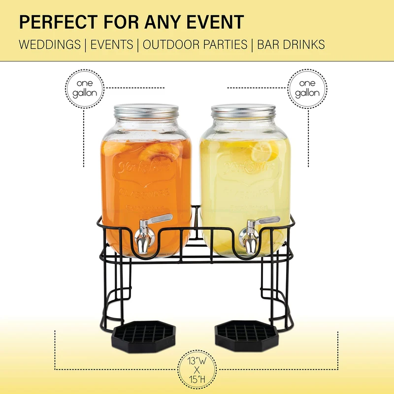 Kitchentoolz Dual Gallon Glass Beverage Dispensers with Fruit Infuser & Ice Insert – Stainless Steel Spigots, Metal Stand, and Drip Trays for Cold Drinks & Flavored Water