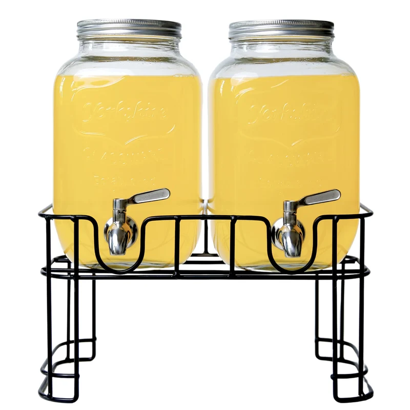 Kitchentoolz Dual Gallon Glass Beverage Dispensers with Fruit Infuser & Ice Insert – Stainless Steel Spigots, Metal Stand, and Drip Trays for Cold Drinks & Flavored Water