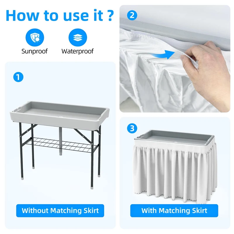 SHAREWIN Folding Ice Cooler Table, Skirt &Drain Hose Plastic Chill Table to Keep Drinks Cool, Portable Foldable Self-Serving Beverage Cooling Bar for Parties, Picnics, Barbecues, Fishing(White