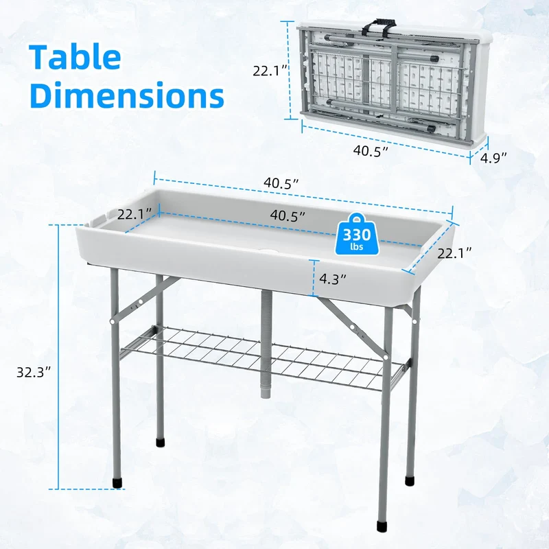 SHAREWIN Folding Ice Cooler Table, Skirt &Drain Hose Plastic Chill Table to Keep Drinks Cool, Portable Foldable Self-Serving Beverage Cooling Bar for Parties, Picnics, Barbecues, Fishing(White
