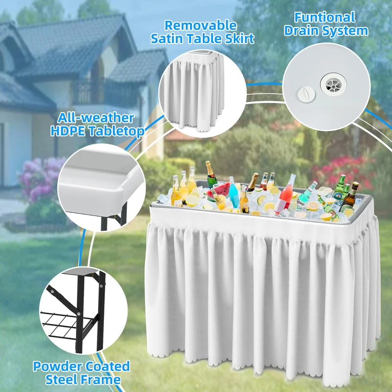 SHAREWIN Folding Ice Cooler Table, Skirt &Drain Hose Plastic Chill Table to Keep Drinks Cool, Portable Foldable Self-Serving Beverage Cooling Bar for Parties, Picnics, Barbecues, Fishing(White