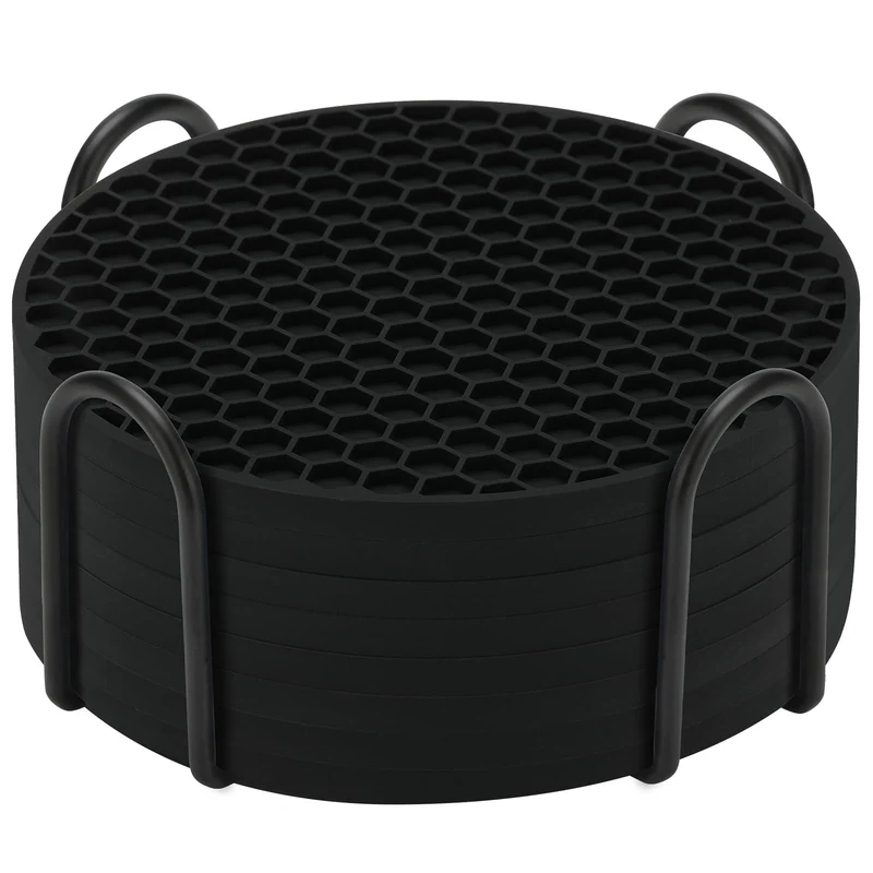 TWTLi Silicone Coasters Set of 8 with Holder,Coasters for Drinks,Beer,Coffee Coasters,Suitable for Kinds Cups,Hot or Cold,Anti-SLI,Non-Stick,Anti-Overflow Tabletop Protection and Decor (8 Pcs, Black)