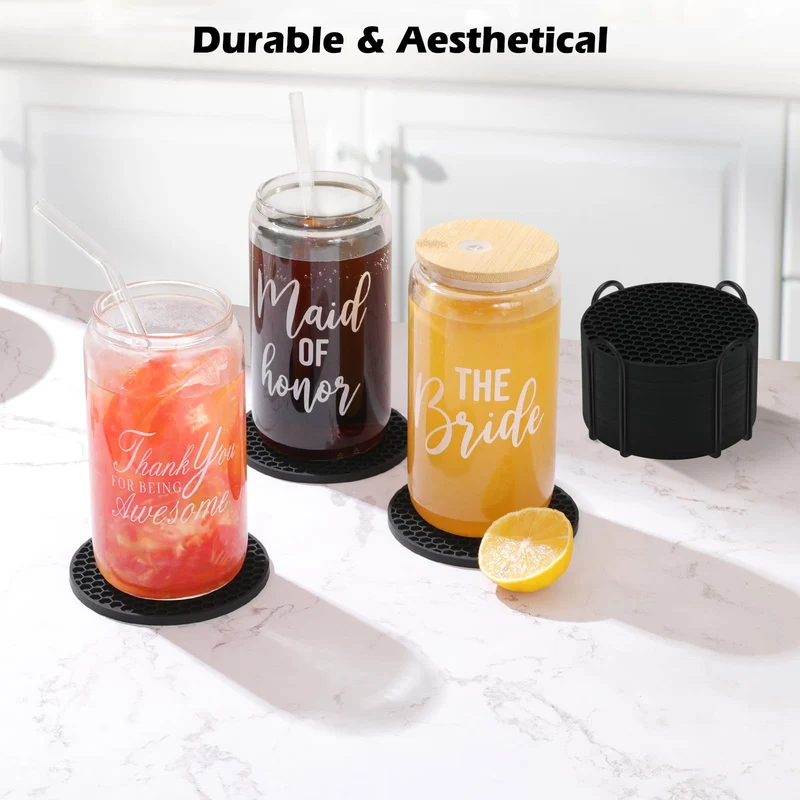 TWTLi Silicone Coasters Set of 8 with Holder,Coasters for Drinks,Beer,Coffee Coasters,Suitable for Kinds Cups,Hot or Cold,Anti-SLI,Non-Stick,Anti-Overflow Tabletop Protection and Decor (8 Pcs, Black)