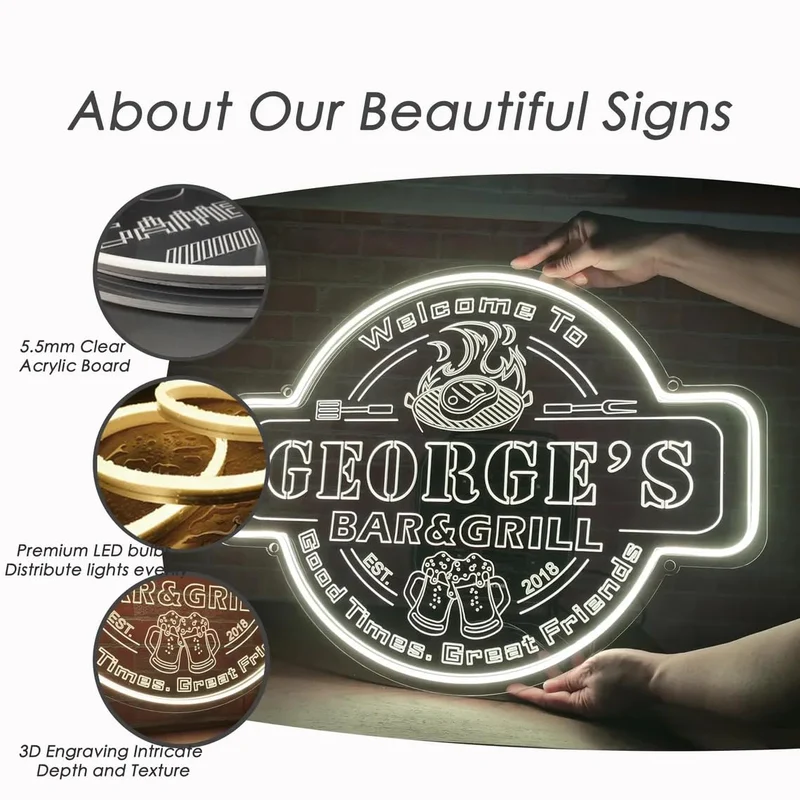 Custom Bar & Grill Neon Sign, Personalized Name Light for Home Bar or Man Cave, Unique LED Gift for Dad, Husband or Friend