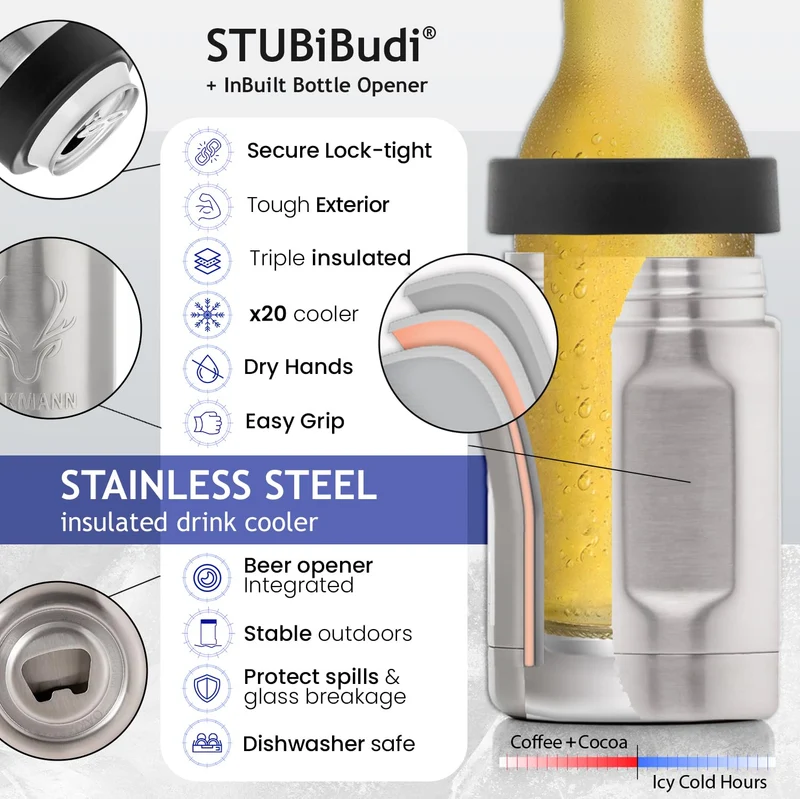 OAKMANN Stainless Steel Beer Cooler With Bottle Opener, Vacuum Insulated Can Cooler 12 oz for Bottles Cans, 4-in-1 Universal Insulator Coozy for Bottles Cans, Beer Gifts for Men (Steel)