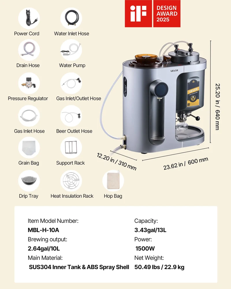VEVOR Automatic Home Beer Brewer, 3.43 Gal All-in-One Home Brew Machine, 1500W Power Electric Beer Maker Machine with Mash Boil Device, 304 Stainless Steel Inner Tank, Auto Temp & Pressure Control