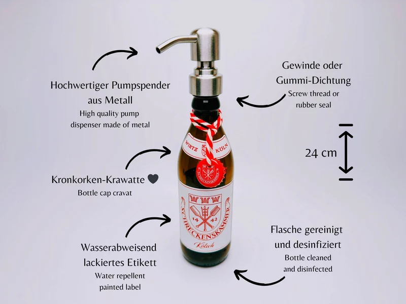 Kölsch Seifenspender aus echter Kölschflasche – Handgemachter nachfüllbarer Design Pumpspender – Geschenkidee aus Köln für Bier Liebhaber