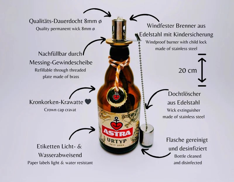 Astra-Öllampe ”Hamburger Nachtlicht” aus Astra Bier-Flaschen | Handgemachte Upcycling Gartenfackel | Geschenk für Hamburg & St. Pauli Fans