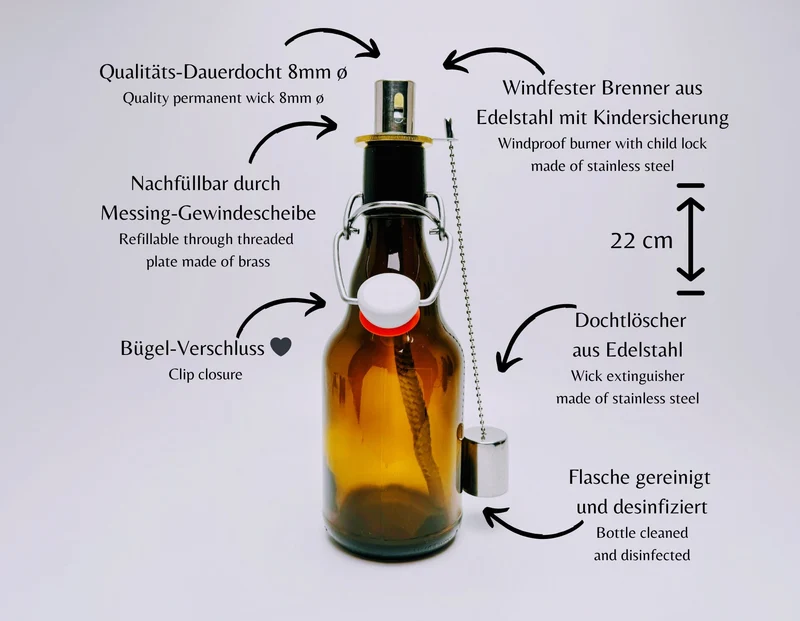 Bügelflaschen-Öllampe “Bügel Burner“ | Handgemachte Öllampe aus Bierflaschen | Ideal für Garten & Balkon | Perfektes Bierliebhaber Geschenk