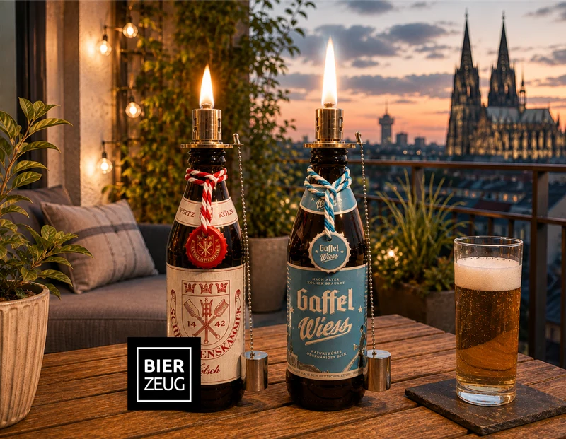 Kölsch Öllampe aus echter Kölschflasche – Handgemachte Upcycling Design Öllampe mit windfestem Flammenlicht – Bier Geschenkidee aus Köln