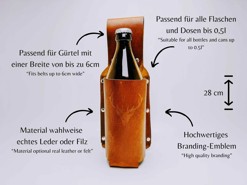 Bierholster Gürtelholster Getränkehalter für Bierflaschen | Einzigartiges Männergeschenk | Echtes Leder oder Filz | Karneval Fasching Kostüm