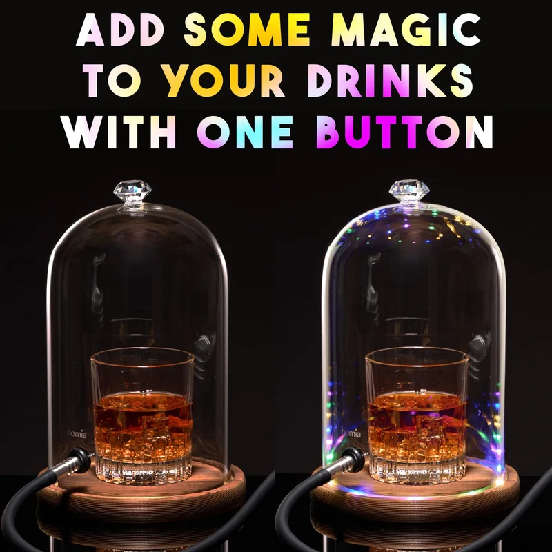 Smoking Gun Accessory LED lights Glass Dome 9" x 5.7" Lid with Wooden Base - Smoke infuser Cover Lid for Cocktail Smoker - Dome for Cold Smoke, Smoking Cloche for Drinks