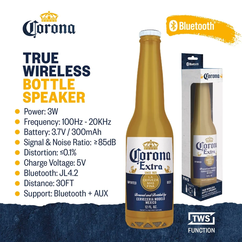 Corona Beer Bottle Bluetooth Speaker – Portable Wireless Stereo 30FT Range Sound System with Bluetooth + AUX Support, 3 Hour Playtime, Travel-Friendly Audio for Outdoor & Indoor Activities