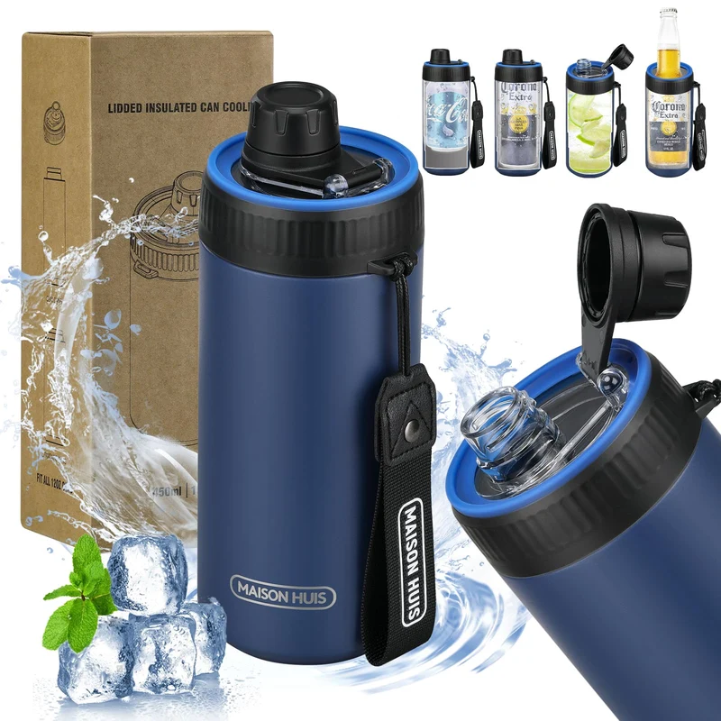 4 In 1 Beer Can Cooler Bottle Holder with Drinking Spout Lid for 12oz Regular, Slim Skinny Cans and Thermal Bottles,Sealed Insulated Double Wall Vacuum Stainless Steel Can Keeps Your Drinks Cold