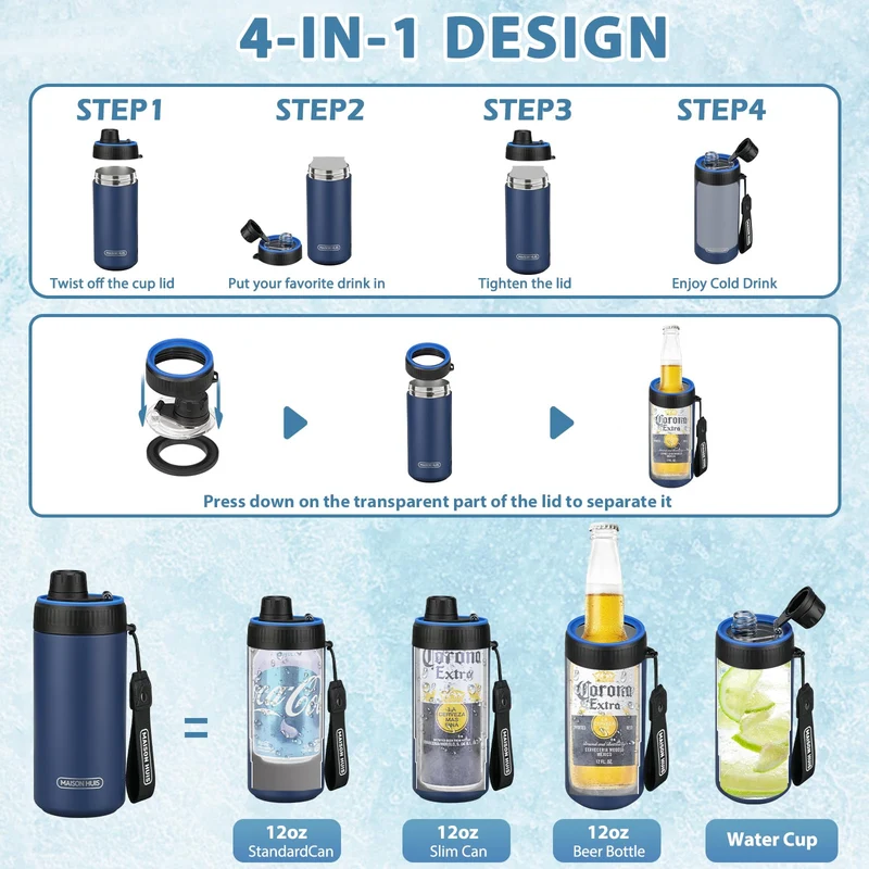 4 In 1 Beer Can Cooler Bottle Holder with Drinking Spout Lid for 12oz Regular, Slim Skinny Cans and Thermal Bottles,Sealed Insulated Double Wall Vacuum Stainless Steel Can Keeps Your Drinks Cold
