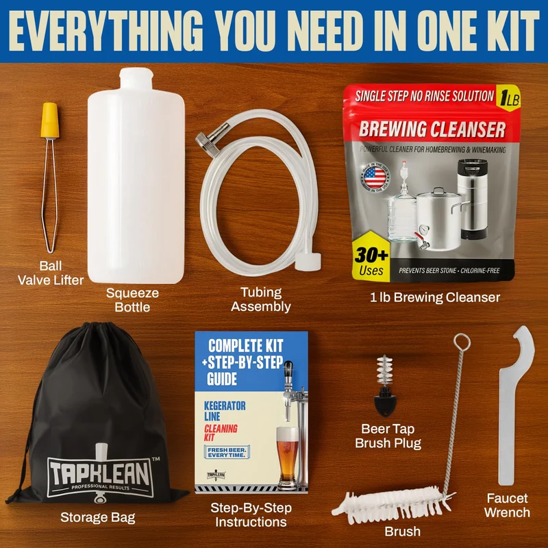Kegerator Cleaning Kit with 1 LB Beer Line Cleaner Made in USA – 30+ Uses, Complete Keg Cleaning Kit with Metal Coupler, Squeeze Bottle, Wrench, Detailed Instructions, Storage Bag & Beer Tap Brush