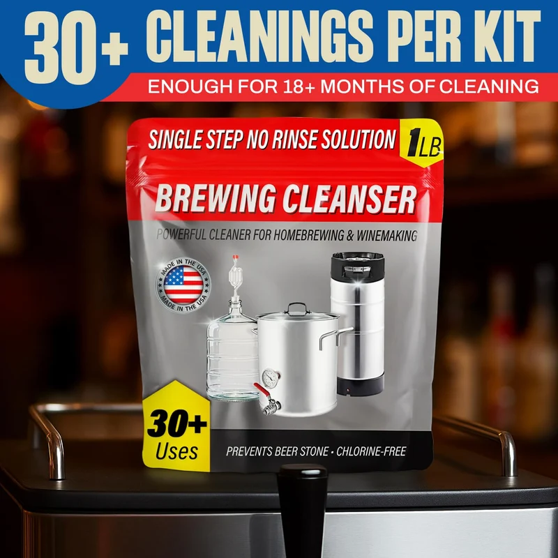 Kegerator Cleaning Kit with 1 LB Beer Line Cleaner Made in USA – 30+ Uses, Complete Keg Cleaning Kit with Metal Coupler, Squeeze Bottle, Wrench, Detailed Instructions, Storage Bag & Beer Tap Brush