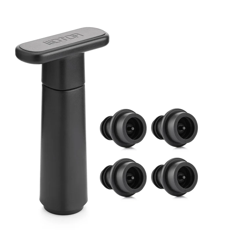 WOTOR Wine Saver Vacuum Pump with 4 Stoppers, Wine Stopper & Preserver, Reusable Bottle Sealer Keeps Fresh, Ideal Accessories Gift (Flat Handle)