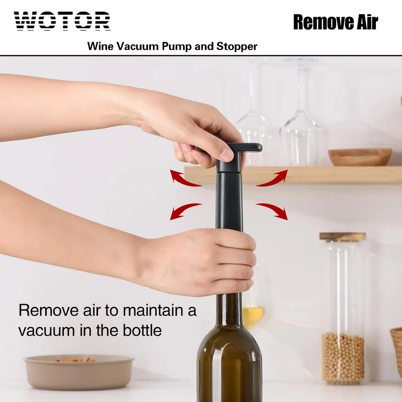 WOTOR Wine Saver Vacuum Pump with 4 Stoppers, Wine Stopper & Preserver, Reusable Bottle Sealer Keeps Fresh, Ideal Accessories Gift (Flat Handle)
