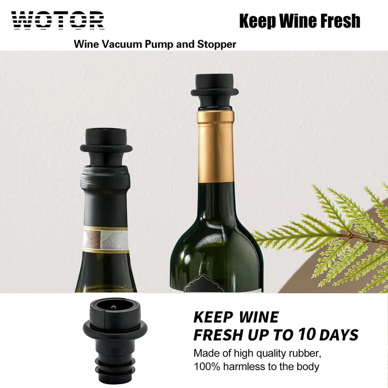 WOTOR Wine Saver Vacuum Pump with 4 Stoppers, Wine Stopper & Preserver, Reusable Bottle Sealer Keeps Fresh, Ideal Accessories Gift (Flat Handle)