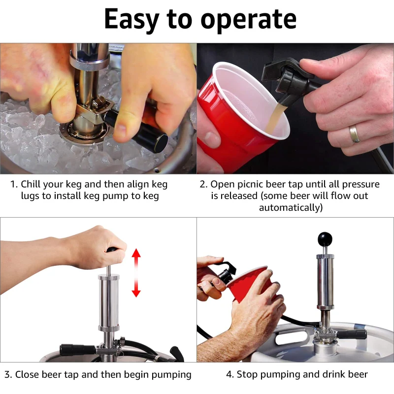MRbrew Keg Party Pump, American D System Beer Keg Tap Keg Hand Pump 4'' Picnic Pump with Beer Faucet & Beer Hose, Chrome-Plated Keg Draft Beer Party Pump with 2 Hose Clamps Kegerator Pump for Homebrew