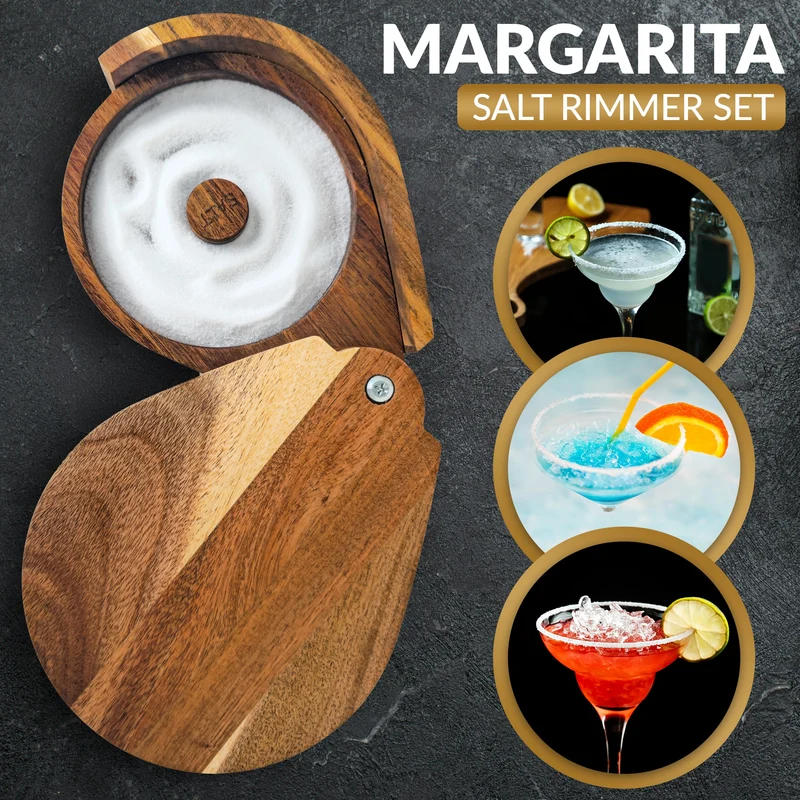 Margarita Salt Rimmer Set for Cocktails | 3 Tier Acacia Wood Glass Rimmer for Salt/Sugar/Lime Seasoning for Bloody Mary, Tequila | Drink Accessories for Bar (With Sponges)