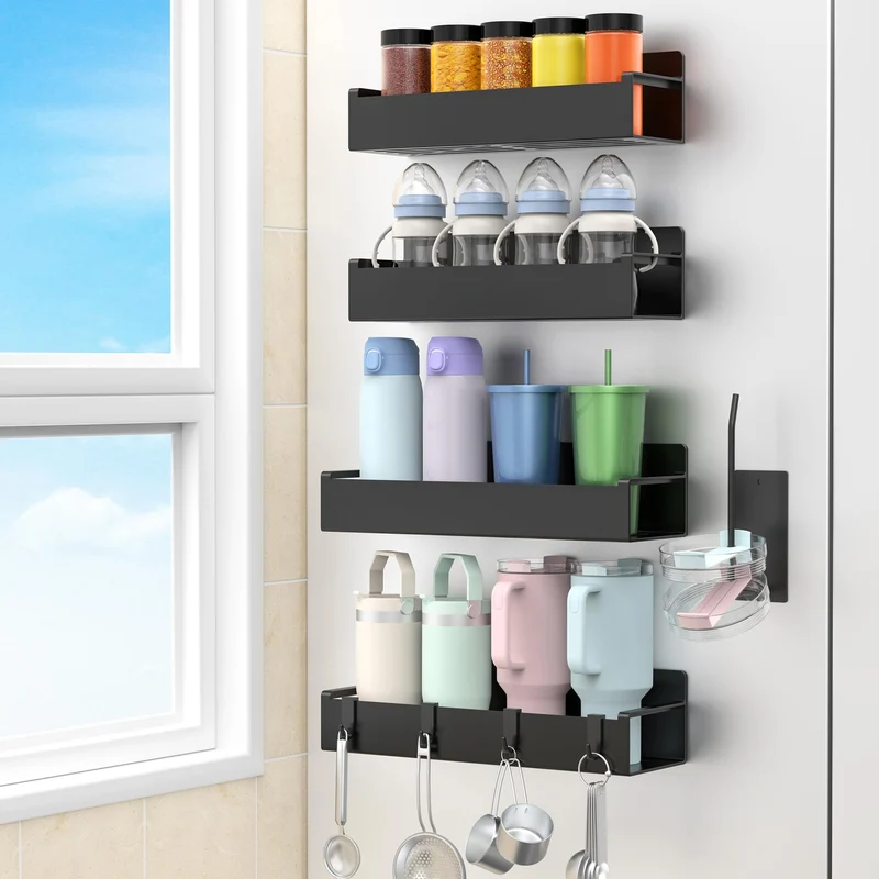 HuggieGems Magnetic Water Bottle Holder for Refrigerator, Cup Holder Organizer for Stanley and Tumbler for Kitchen, 4 Pack, Black
