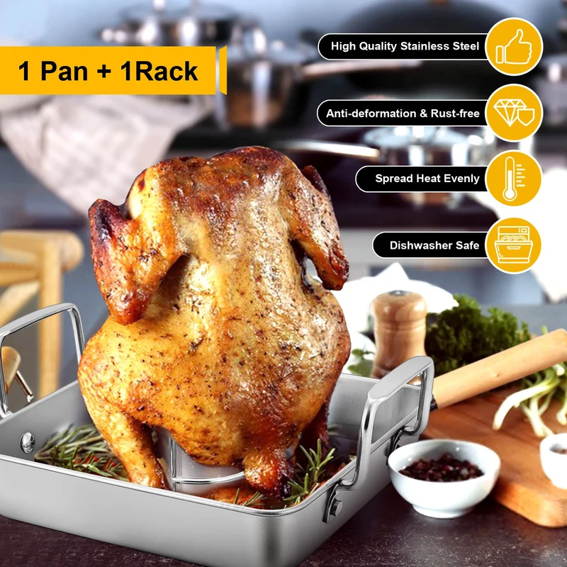 P&P CHEF Beer Can Chicken Holder with Roasting Pan Set, 9-inch Stainless Steel Square Baking Pan and Chicken Rack For Grilling, Heavy Duty & Dishwasher Safe, 2Pcs