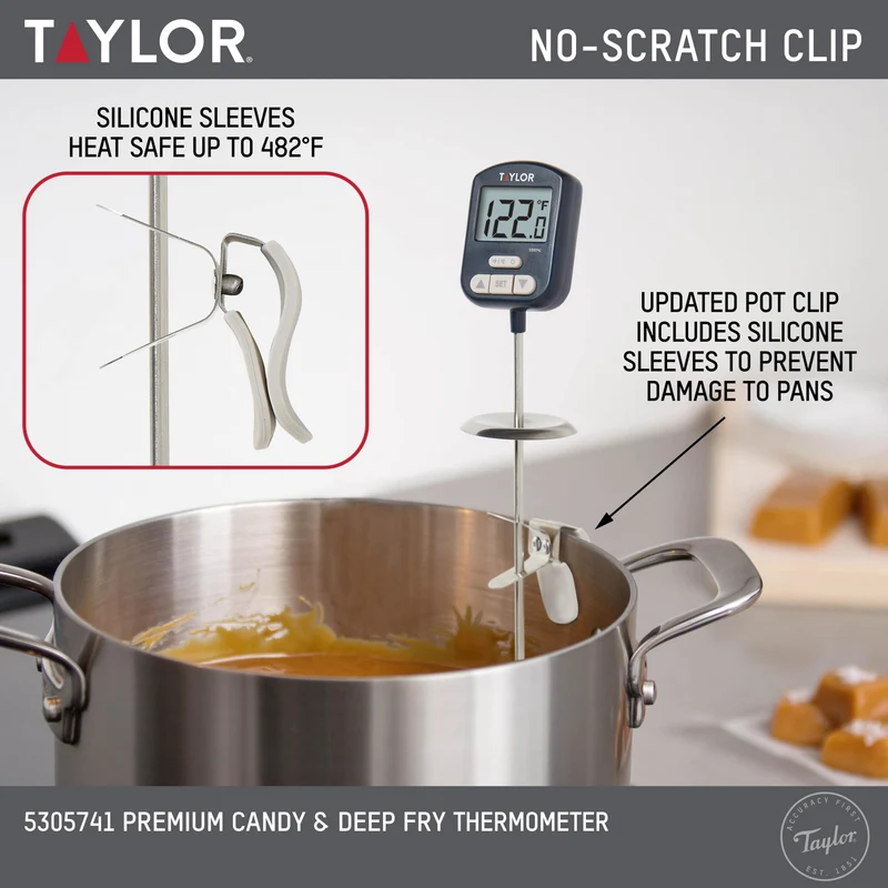 Taylor Digital Premium High Heat Resistant Candy Thermometer, Meat, Deep Fry, Brewing, and Craft Thermometer, with pan/Kettle Clip and Heat Shield, Backlit Display, and Includes 1 CR2032 Battery, Navy