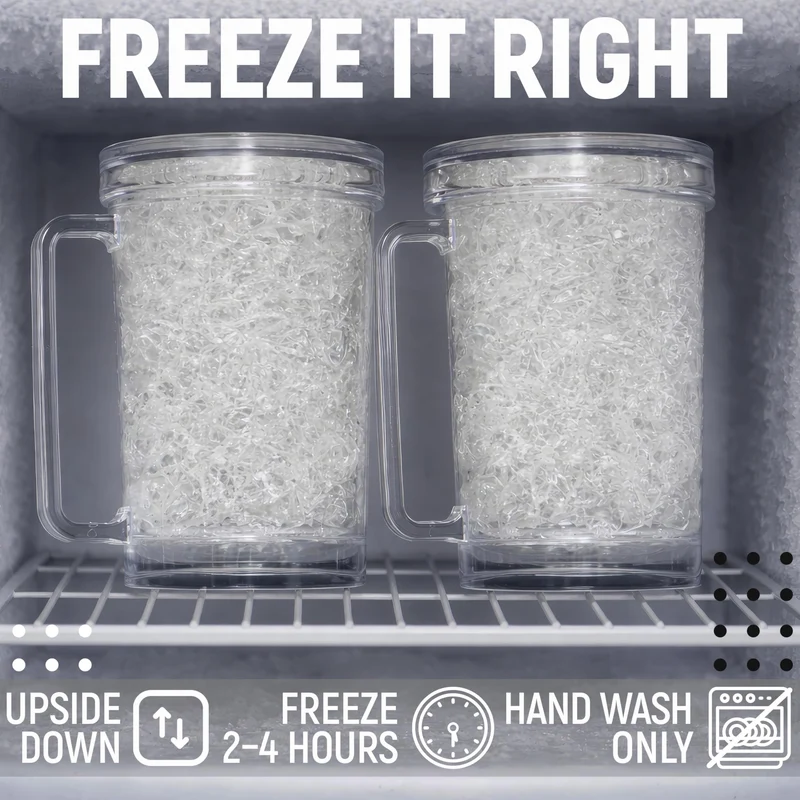 Granatan Frozen Beer Mugs (Set of 2), 16oz Double Wall Gel Freezer Cups with Handle, Acrylic Frosty Ice Stein for Cold Drinks, Break-Resistant Insulated Beer Mug for Dad, Men, Pool Parties & BBQ