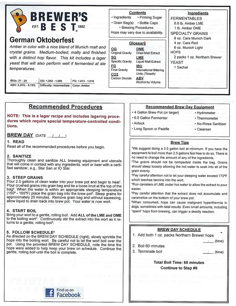 Brewer's Best German Oktoberfest Home Brewing Ingredient Kit