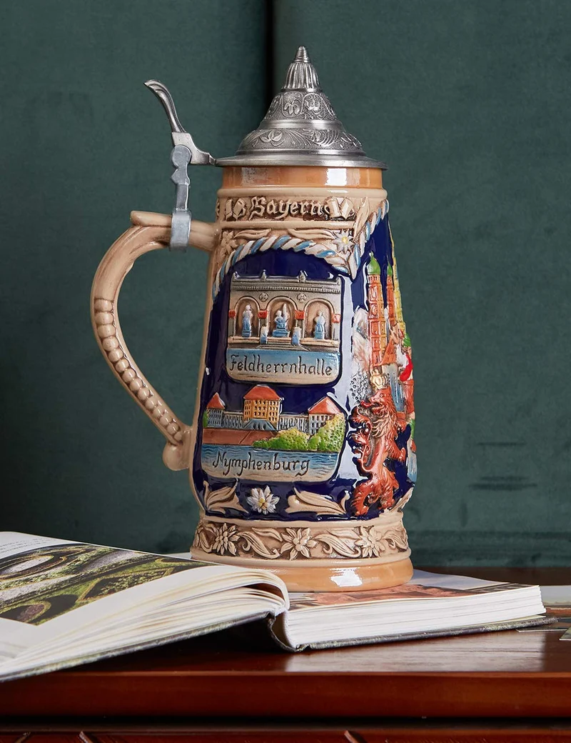 HAUCOZE Beer Stein Mug German Munich Bavarian Drinking Viking Tankard with Petwer Lid for Birthday Gifts Men Father Husband 1.0Liter