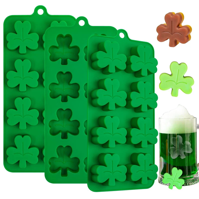 Webake Shamrock Ice Cube Mold Silicone, 8-Cavity Leaf Clover Mold for Ice Cube, Chocolate, Cupcake Decorations, Jello, Great for St. Patrick Day, Irish Holiday, Daily, Pack of 3