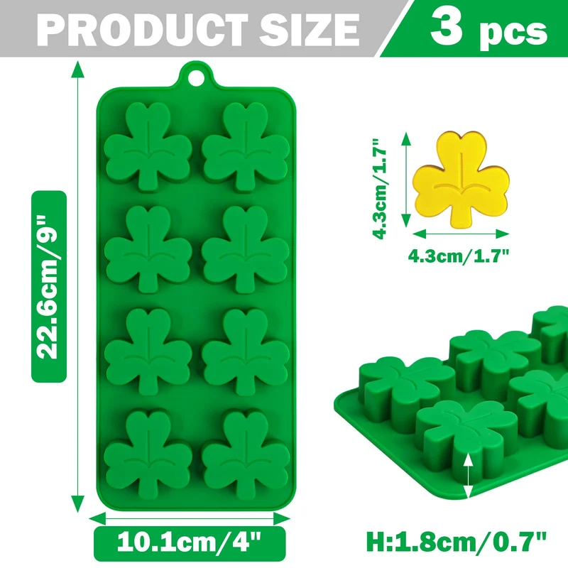 Webake Shamrock Ice Cube Mold Silicone, 8-Cavity Leaf Clover Mold for Ice Cube, Chocolate, Cupcake Decorations, Jello, Great for St. Patrick Day, Irish Holiday, Daily, Pack of 3