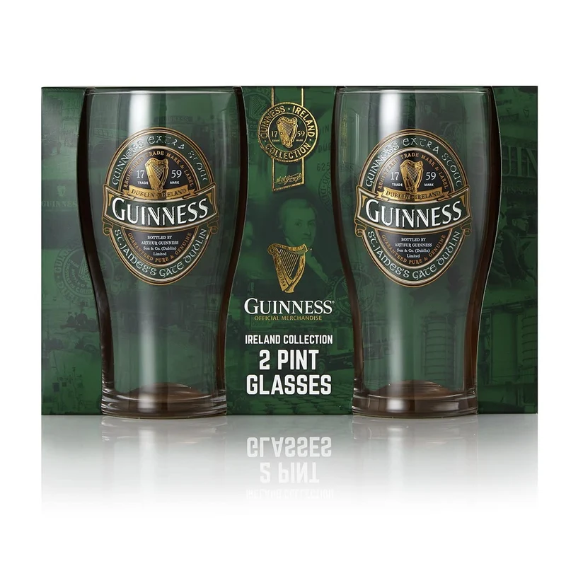 Guinness Stout Beer Glass Green Ireland Collection Twin Pack | Official Merchandise Pint Glasses Set of 2 | Perfect Irish gifts for Beer Lovers