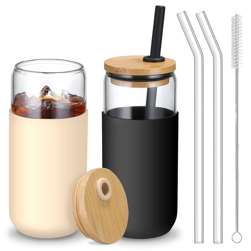 20 OZ Glass Cups with Bamboo Lids and Straws - Beer Can Drinking Glasses with Silicone Protective Sleeve Set, Iced Coffee Glasses, Cute Tumbler Cup for Water, Smoothie, Boba Tea, Gift, 2 Colors