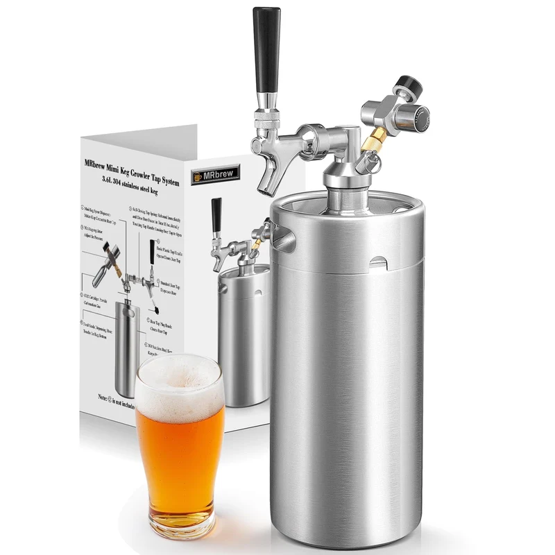 MRbrew 128oz Mini Keg Growler Portable Draft Beer Dispenser System Pressurized Stainless Steel Beer Growler Tap System Home Mini Kegerator, with Professional Beer Tap and CO2 Regulator to Keep Fresh